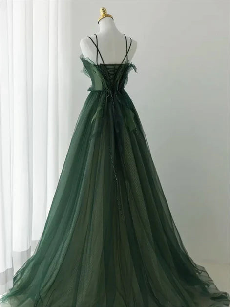 Charming dark green long beaded sequins A-line evening dress party dress, dark green shoulder strap sleeveless backless and floor length evening dress