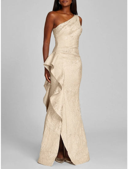 A-Line Evening Gown Elegant Dress Formal Floor Length Sleeveless One Shoulder Sequined with Glitter Ruffles Slit