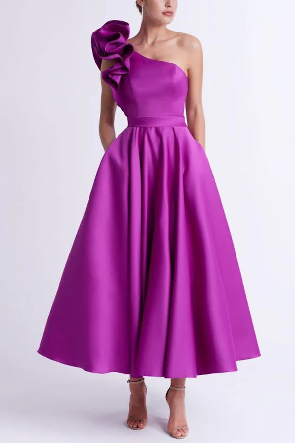 Satin A-shaped single shoulder ruffled edge pocket mother of the bride dress