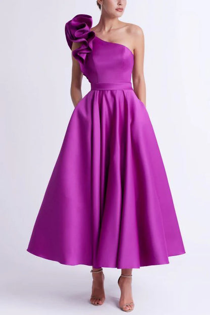 Satin A-shaped single shoulder ruffled edge pocket mother of the bride dress