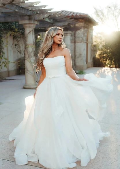 strapless a line organza bow sash button back wedding dress