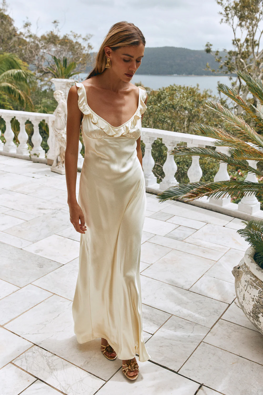 Romantic Satin Bias Cut Maxi Dress Sweetheart Neck Ruffle Strap Sleeveless Evening Dresses