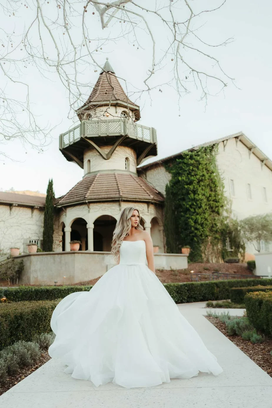 strapless a line organza bow sash button back wedding dress