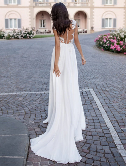Beach Open Back Wedding Dresses A-Line Illusion Neck Cap Sleeve Sweep / Brush Train Chiffon Bridal Gowns With Appliques Split Front  Summer Wedding Party, Women's Clothing