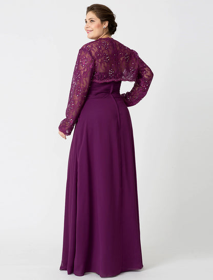Sheath / Column Mother of the Bride Dress Formal Two Piece Wrap Included Strapless Floor Length Chiffon Glitter Lace Sleeveless yes with Lace Beading