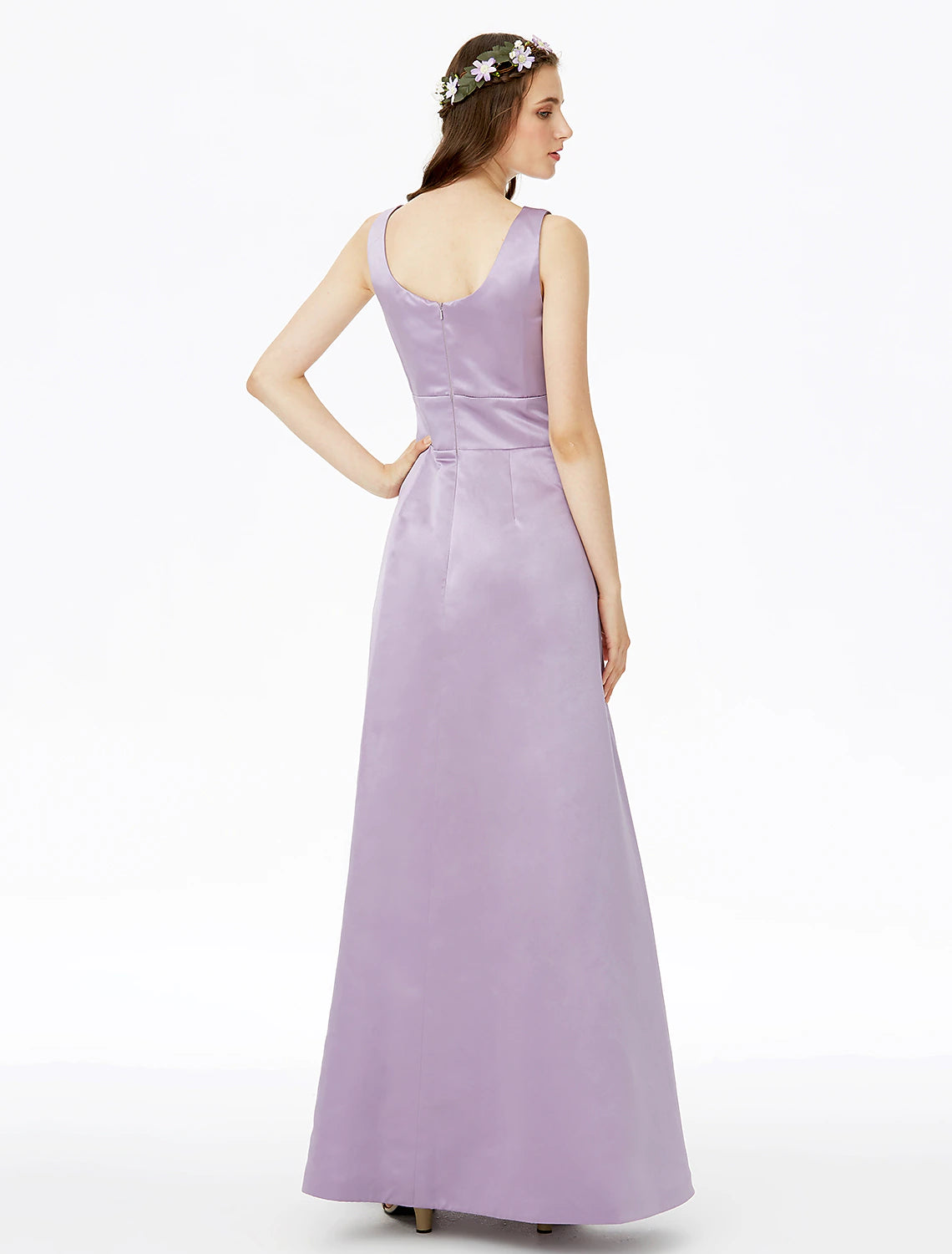 A-Line Bridesmaid Dress Notched Sleeveless Elegant Floor Length Satin with Pleats / Pocket