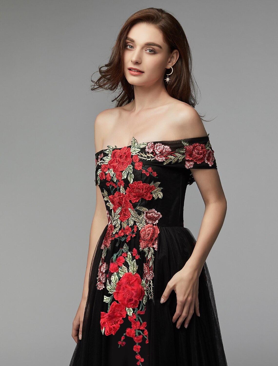 A-Line Prom Dresses Floral Dress Wedding Guest Floor Length Sleeveless Off Shoulder Lace Over Tulle with Embroidery Appliques