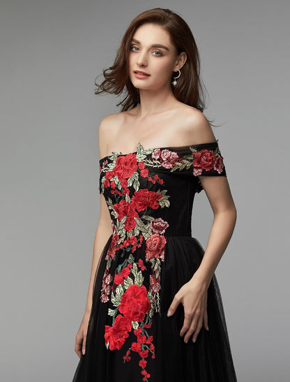 A-Line Prom Dresses Floral Dress Wedding Guest Floor Length Sleeveless Off Shoulder Lace Over Tulle with Embroidery Appliques