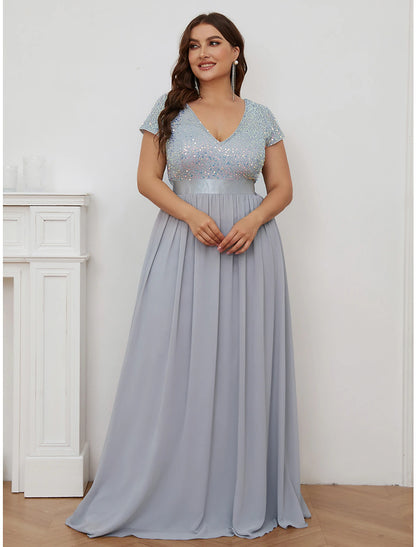 A-Line Bridesmaid Dress V Neck Short Sleeve Elegant Floor Length Chiffon with Solid Color
