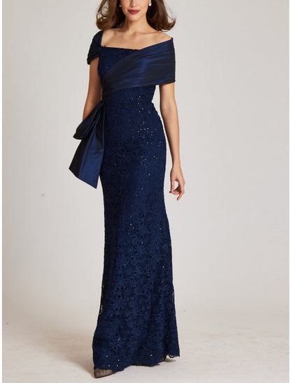 Mermaid / Trumpet Evening Gown Elegant Dress Formal Floor Length Short Sleeve Off Shoulder Lace with Glitter Ruched