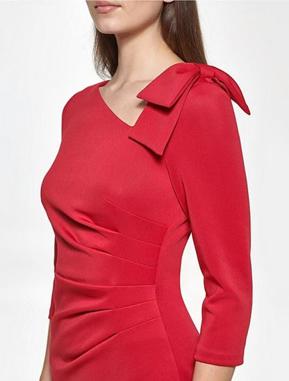 Mermaid / Trumpet Evening Gown Elegant Dress Formal Tea Length 3/4 Length Sleeve V Neck Stretch Fabric with Shouder Flower