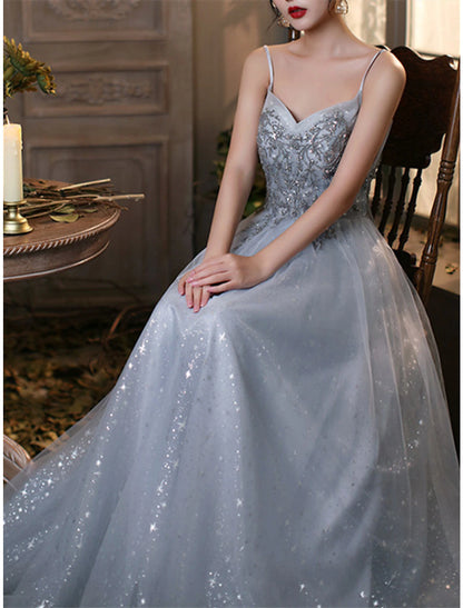 A-Line Prom Dresses Elegant Dress Wedding Guest Prom Floor Length Sleeveless Spaghetti Strap Tulle with Pleats Beading