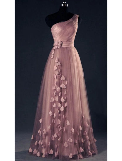 A-Line Prom Dresses Elegant Dress Wedding Guest Prom Floor Length Sleeveless One Shoulder Tulle with Appliques