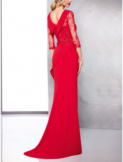 Sheath / Column Mother of the Bride Dress Formal Party Elegant Bateau Neck Sweep / Brush Train Stretch Fabric Half Sleeve with Lace Appliques