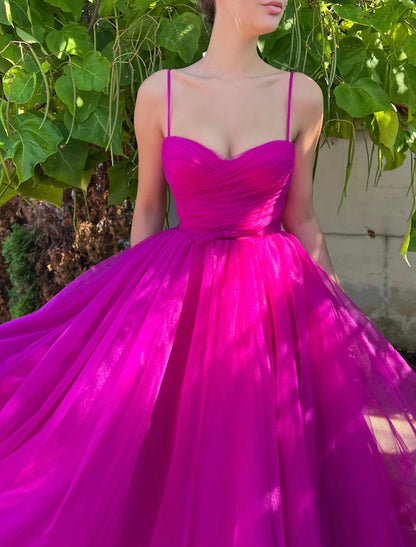 A-Line Evening Gown Elegant Dress Wedding Guest Graduation Tea Length Sleeveless Spaghetti Strap Bridesmaid Dress Tulle with Sash / Ribbon Pure Color