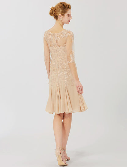 Sheath / Column Mother of the Bride Dress Classic & Timeless Elegant & Luxurious Beautiful Back Illusion Neck Knee Length Chiffon All Over Lace Half Sleeve with Appliques / See Through