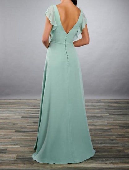 A-Line Bridesmaid Dress Bateau Neck / Straps / Plunging Neck Short Sleeve Open Back Floor Length Chiffon / Shantung / Imitated Silk with Sash / Ribbon / Pleats / Ruffles