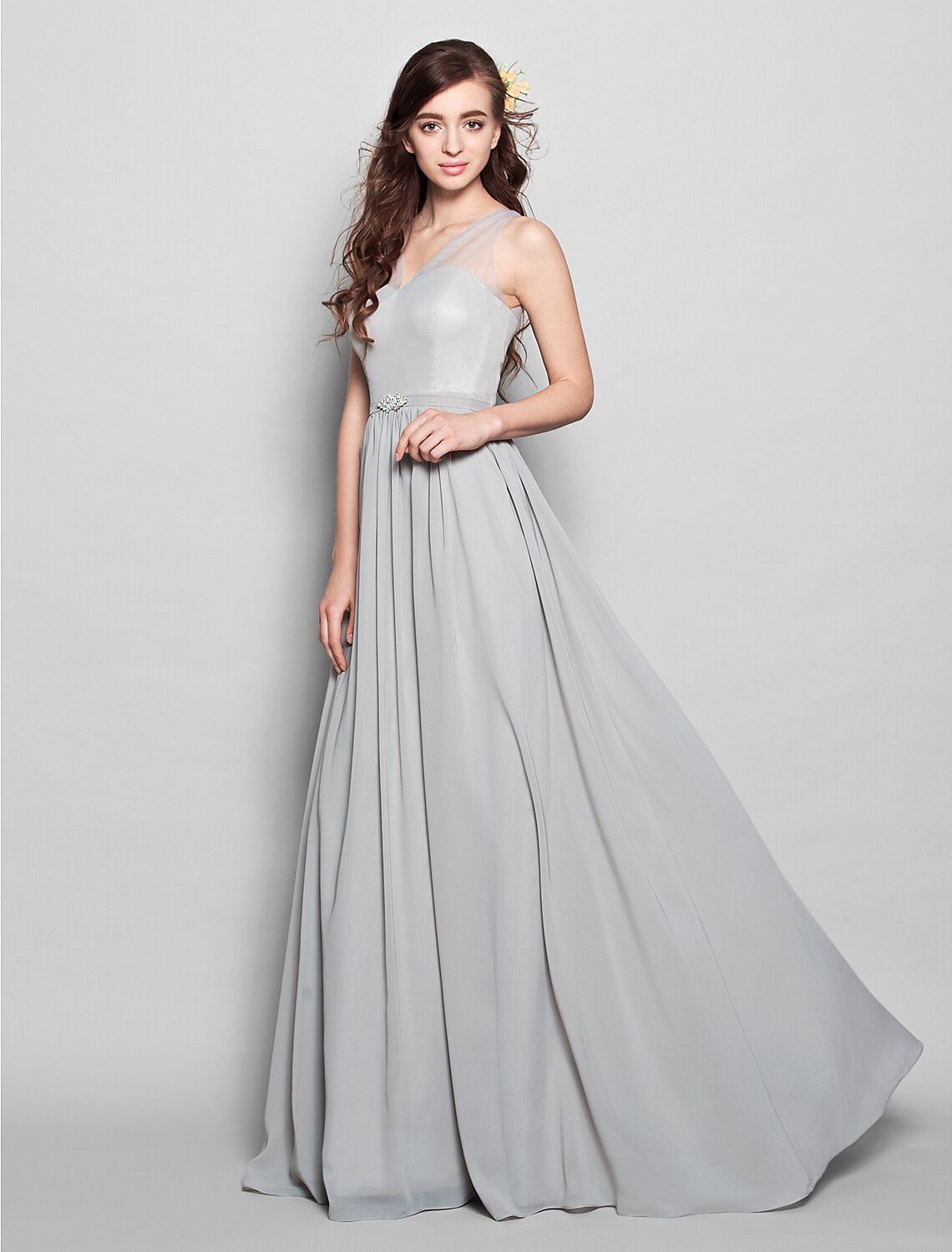 Sheath / Column Bridesmaid Dress V Neck Sleeveless Floor Length Chiffon with Sash / Ribbon / Crystal Brooch