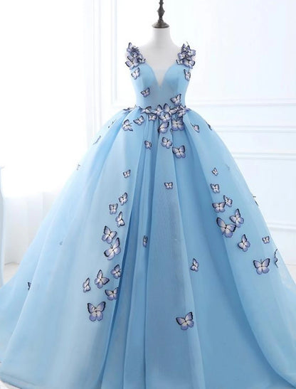 Ball Gown Prom Dresses Luxurious Dress Engagement Court Train Sleeveless V Neck Tulle with Pleats Appliques