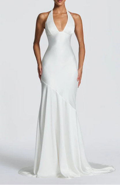 Elegant Satin Mermaid Halter Neck Lace-Up High-Slit Ivory Prom Dress
