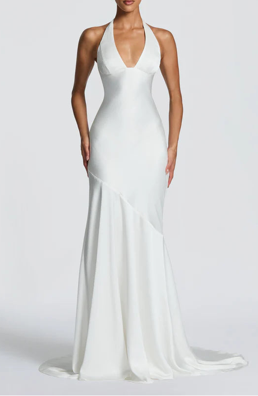 Elegant Fitted Halter Neck Sleeveless Lace Up Back Mermaid Floor Length Prom Dress