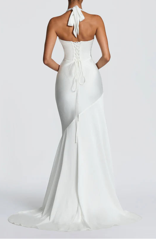 Elegant Satin Mermaid Halter Neck Lace-Up High-Slit Ivory Prom Dress