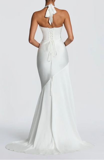 Elegant Satin Mermaid Halter Neck Lace-Up High-Slit Ivory Prom Dress