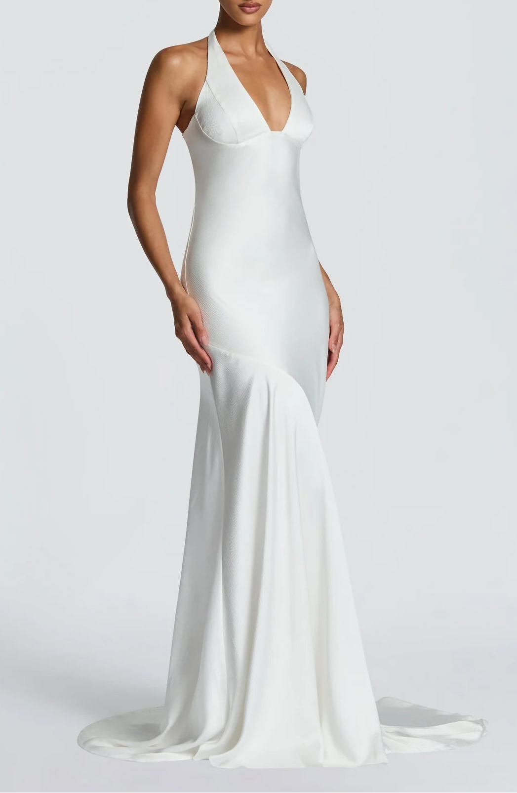Elegant Satin Mermaid Halter Neck Lace-Up High-Slit Ivory Prom Dress