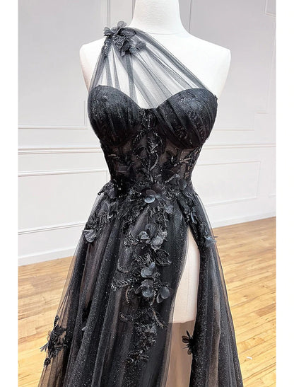 A-Line Prom Dresses Color Block Dress Formal Sweep / Brush Train Sleeveless One Shoulder Tulle Backless with Pleats Appliques