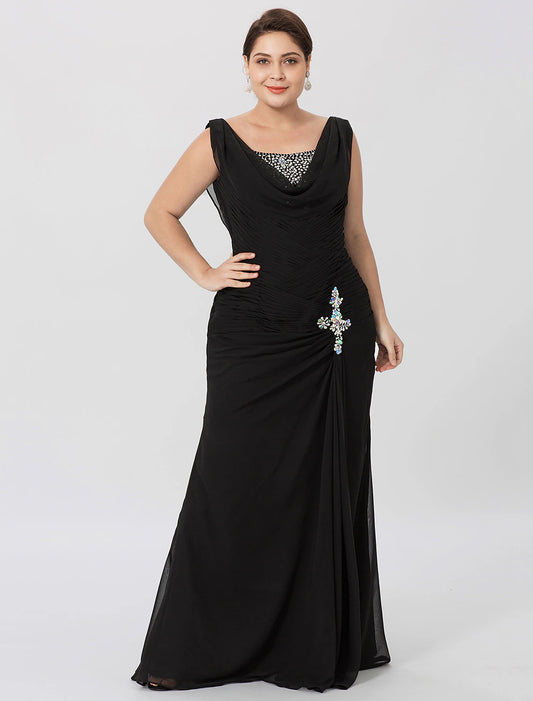 Sheath / Column Mother of the Bride Dress Classic & Timeless Elegant & Luxurious Plus Size Cowl Neck Floor Length Chiffon Sleeveless No with Criss Cross Beading