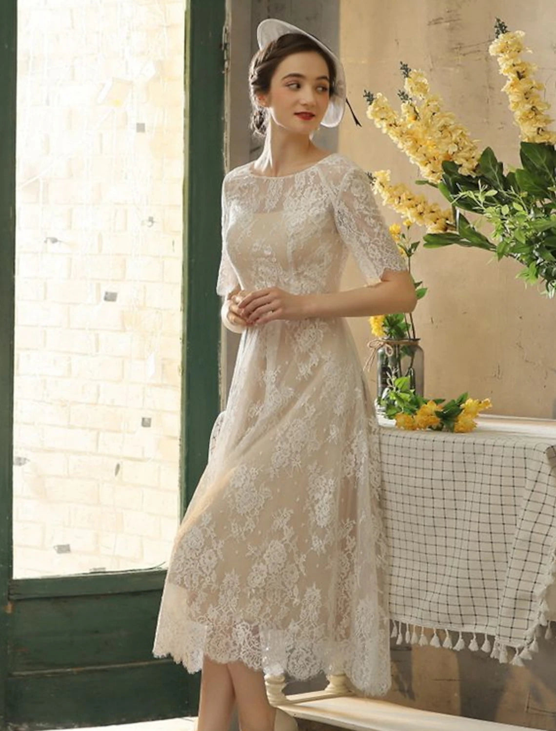 Reception Fall Wedding Dresses Little White Dresses in Color A-Line Illusion Neck Half Sleeve Tea Length Lace Bridal Gowns With Sash / Ribbon Appliques Summer Party  Women's Clothing