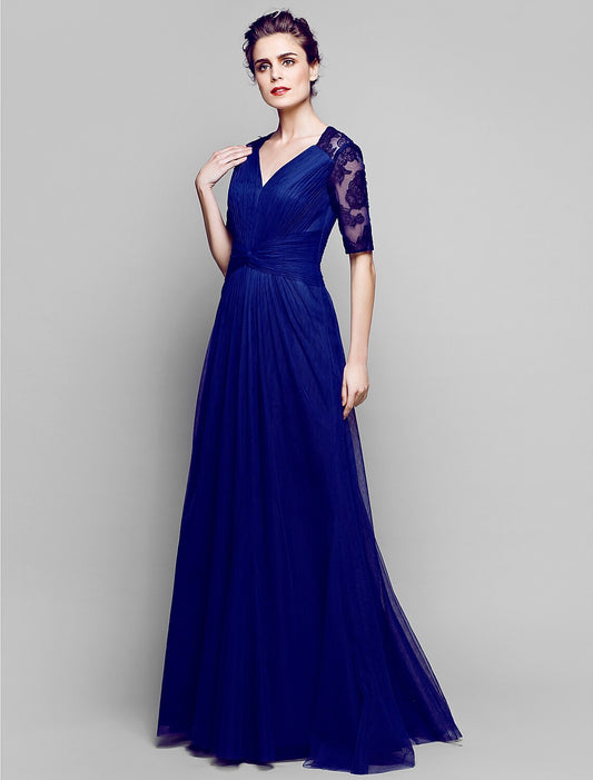 A-Line Mother of the Bride Dress See Through V Neck Floor Length Lace Tulle Half Sleeve No with Criss Cross Ruched Draping