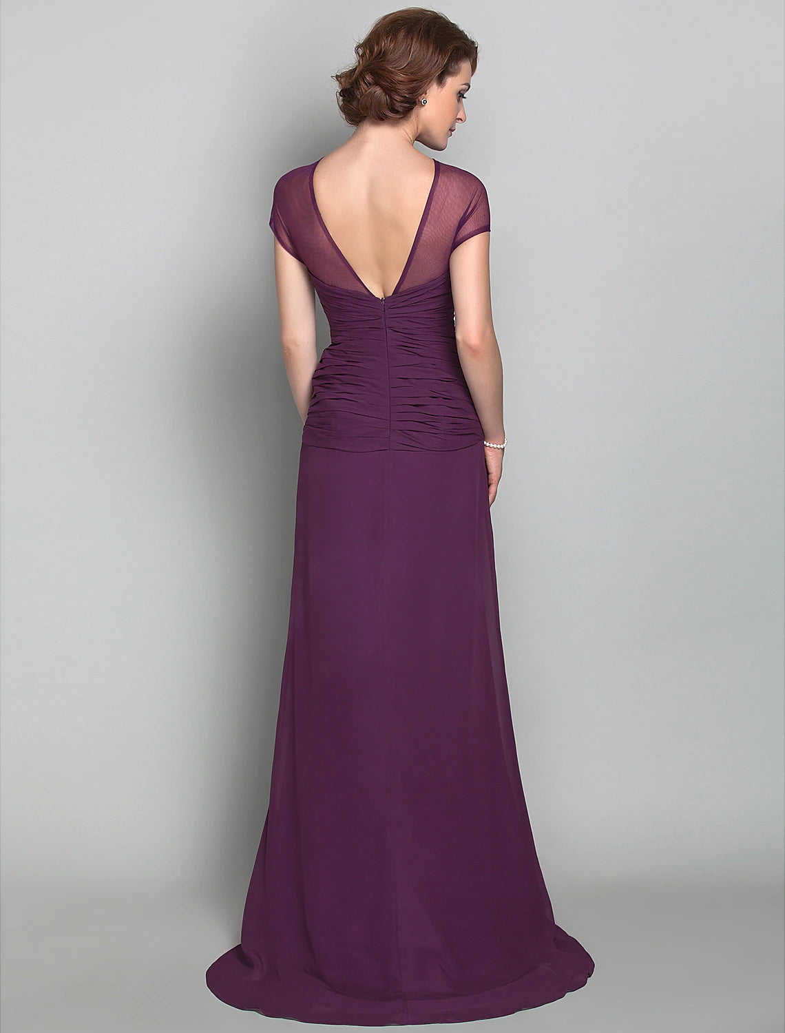 Sheath / Column Mother of the Bride Dress See Through Jewel Neck Sweep / Brush Train Chiffon Tulle Short Sleeve with Beading Side Draping