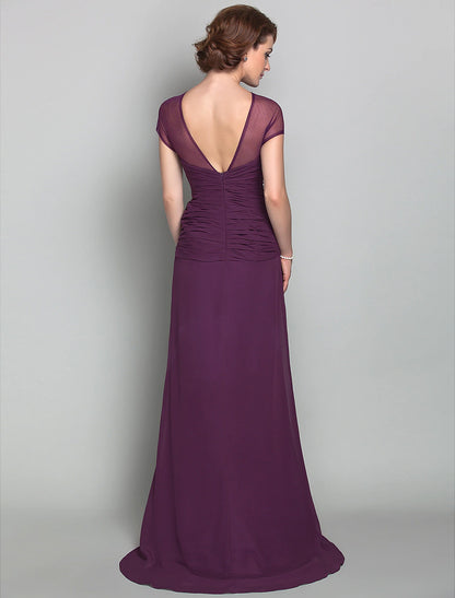 Sheath / Column Mother of the Bride Dress See Through Jewel Neck Sweep / Brush Train Chiffon Tulle Short Sleeve with Beading Side Draping