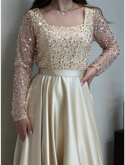 A-Line Evening Gown Elegant Dress Wedding Guest Fall Court Train Long Sleeve Scoop Neck Satin with Pearls