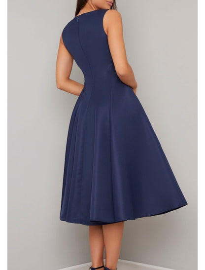 A-Line Mother of the Bride Dress Elegant Jewel Neck Tea Length Satin Sleeveless with Pleats