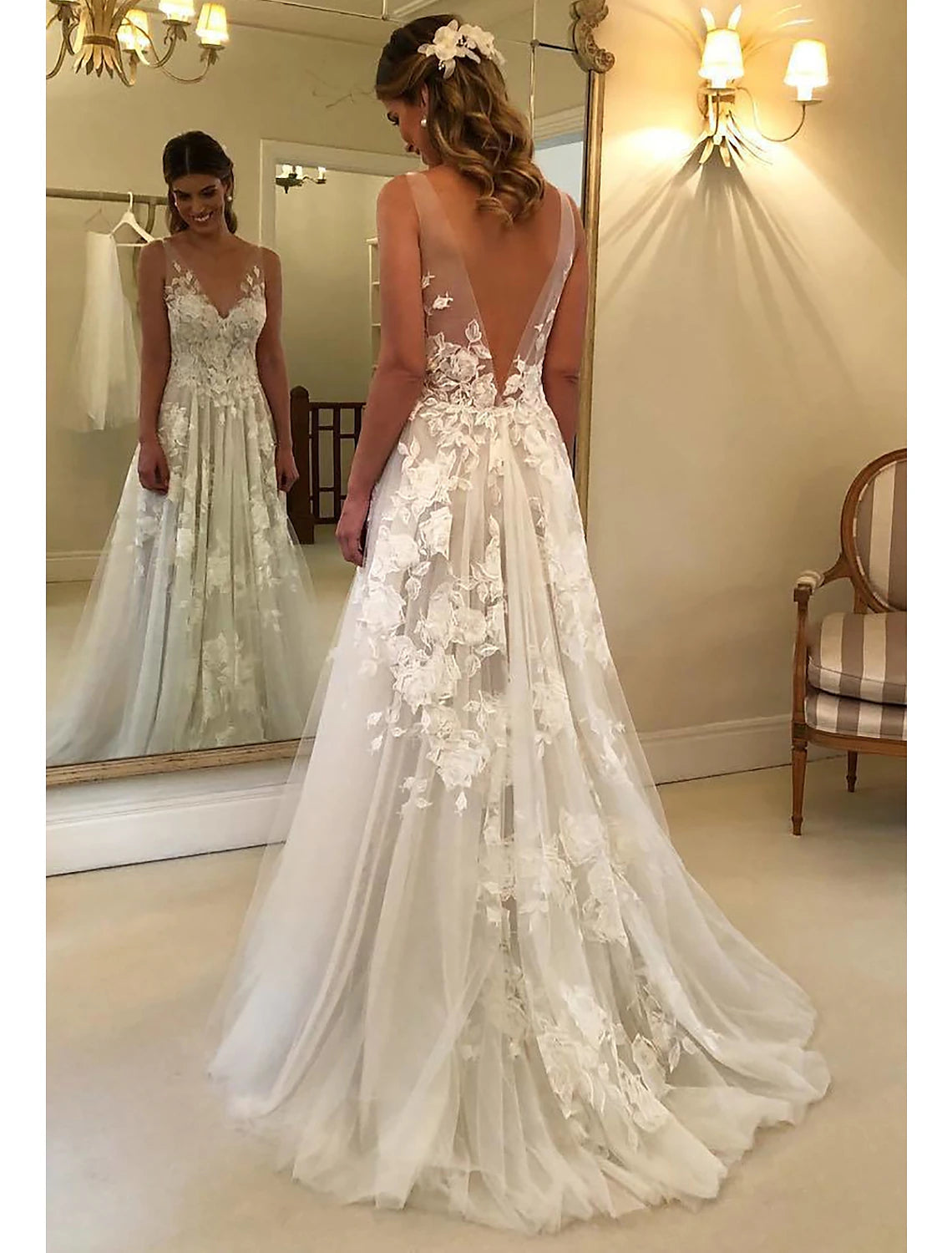Beach Boho Wedding Dresses A-Line V Neck Sleeveless Sweep / Brush Train Lace Bridal Gowns With Appliques Summer Fall Wedding Party   Women‘s Clothing