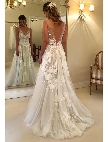 Beach Boho Wedding Dresses A-Line V Neck Sleeveless Sweep / Brush Train Lace Bridal Gowns With Appliques Summer Fall Wedding Party   Women‘s Clothing