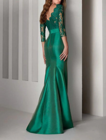 Mermaid Beautiful Back Elegant Red Green Dress Formal Evening Dress Scalloped Neckline V Back 3/4 Length Sleeve Floor Length Lace with Sash / Ribbon Embroidery