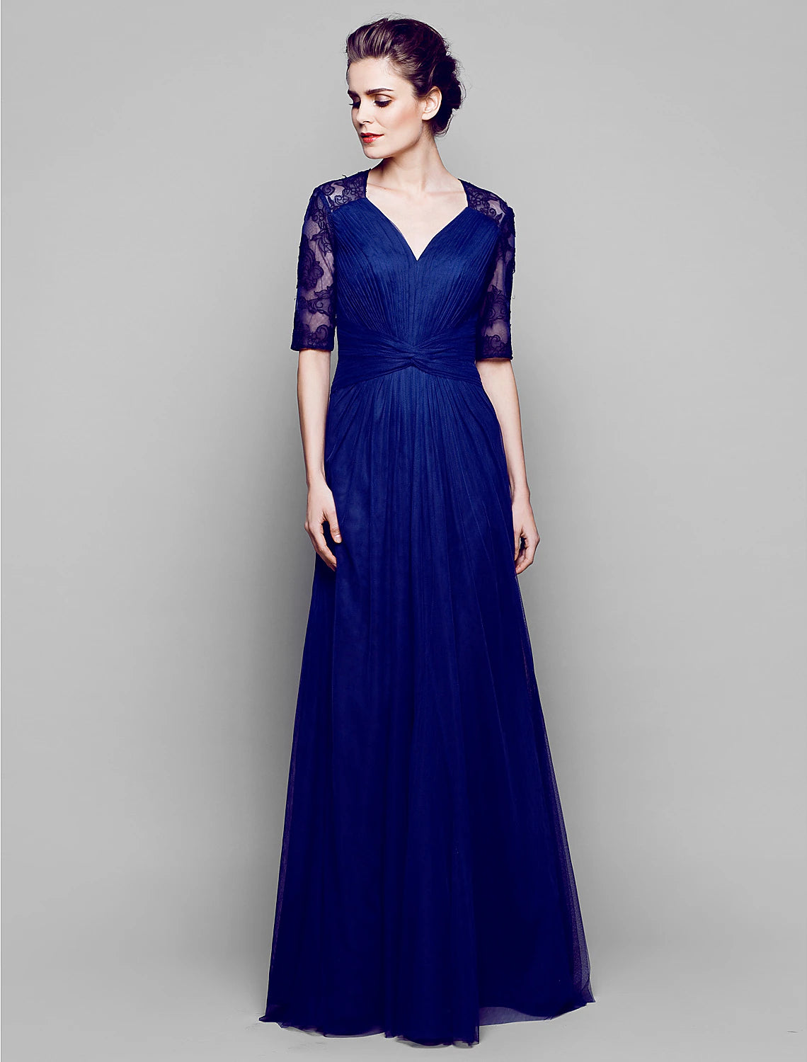 A-Line Mother of the Bride Dress See Through V Neck Floor Length Lace Tulle Half Sleeve No with Criss Cross Ruched Draping