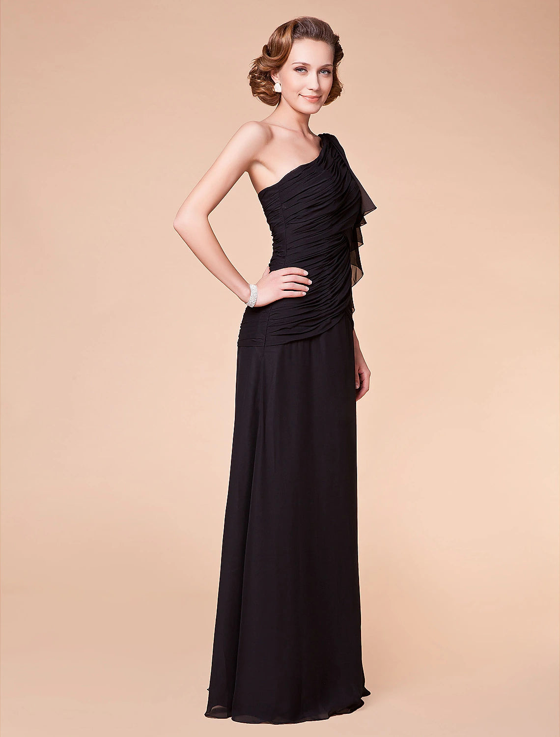 A-Line Mother of the Bride Dress Floral One Shoulder Floor Length Chiffon Sleeveless with Criss Cross Side Draping Flower