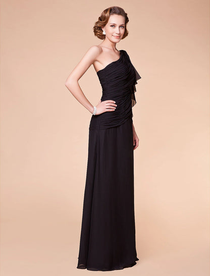A-Line Mother of the Bride Dress Floral One Shoulder Floor Length Chiffon Sleeveless with Criss Cross Side Draping Flower
