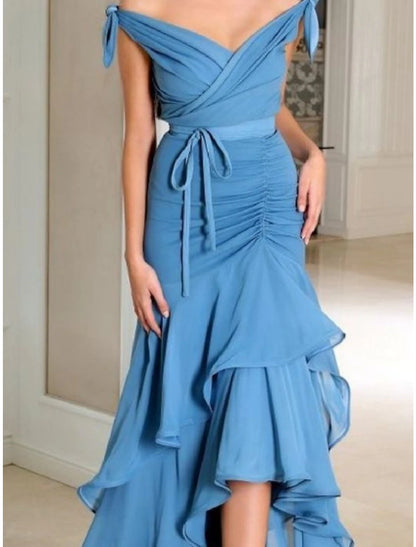 Sheath / Column Cocktail Dresses Party Dress Wedding Guest Asymmetrical Sleeveless Off Shoulder Stretch Fabric with Bow(s) Ruched Ruffles