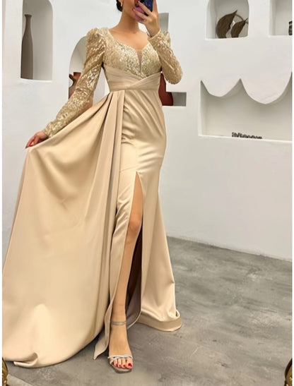 A-Line Evening Gown Elegant Dress Formal Wedding Guest Court Train Long Sleeve Square Neck Satin with Ruched Sequin Slit