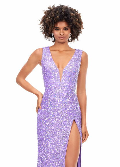 lavender sheath v-neck lace-up back slit sequin long prom dress