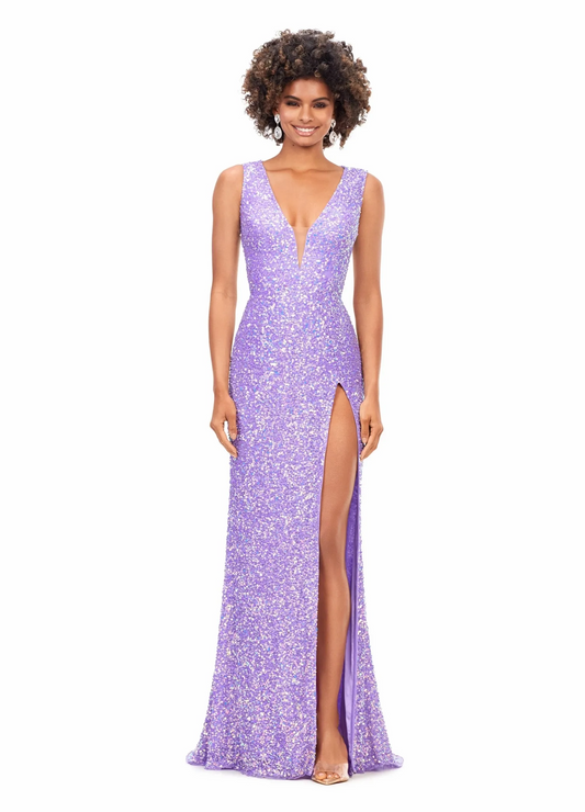 lavender sheath v-neck lace-up back slit sequin long prom dress