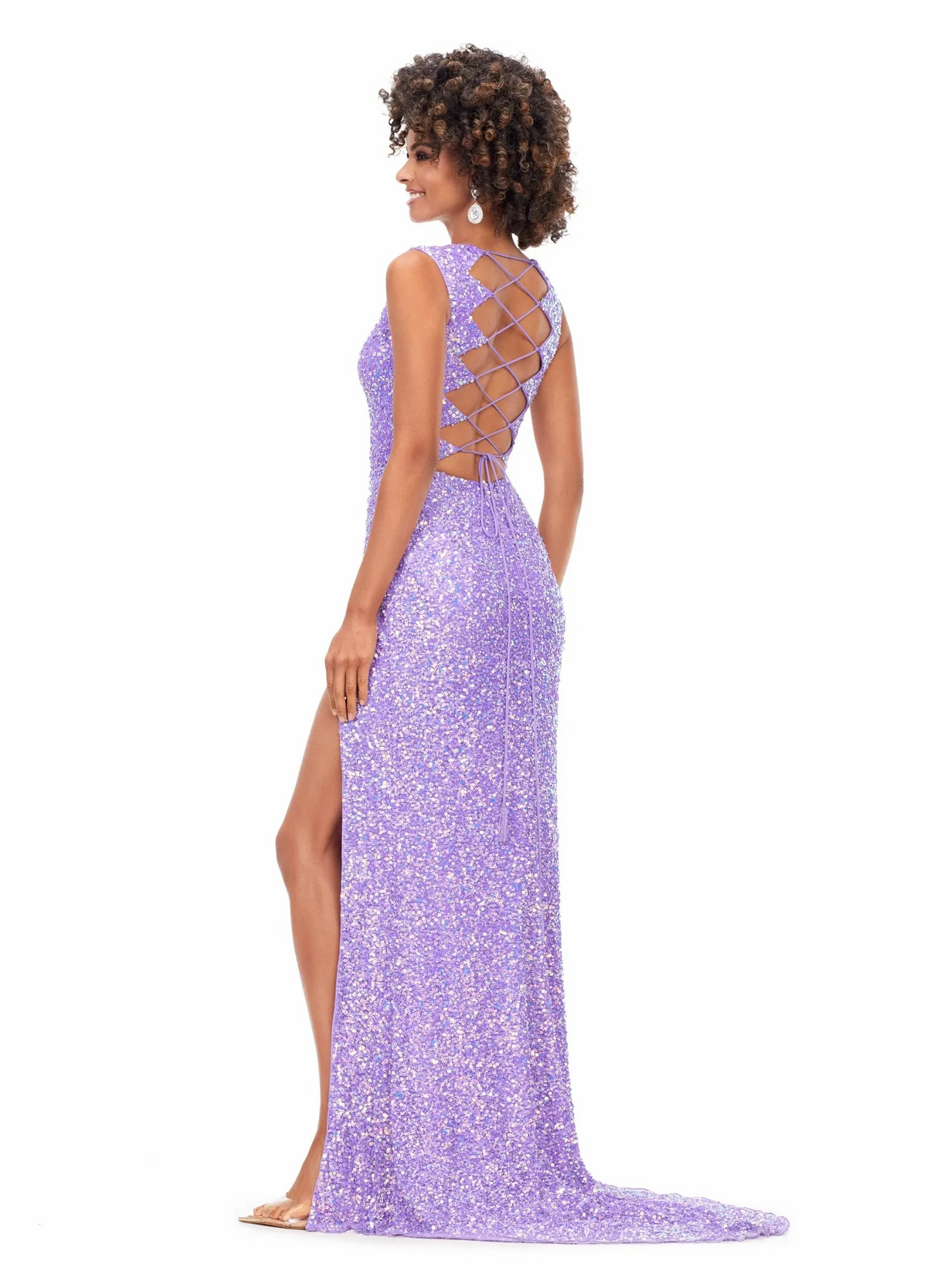 lavender sheath v-neck lace-up back slit sequin long prom dress