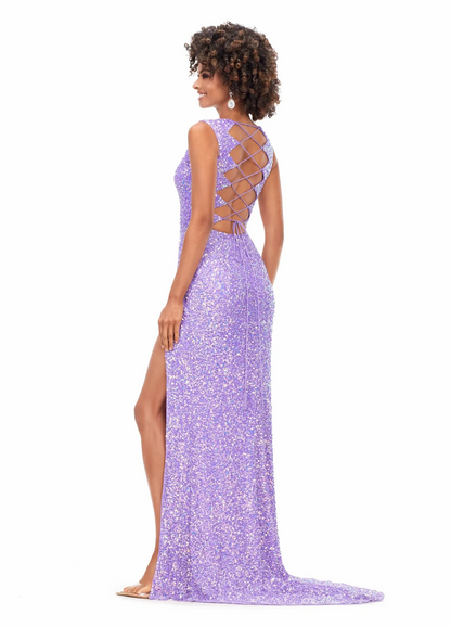 lavender sheath v-neck lace-up back slit sequin long prom dress