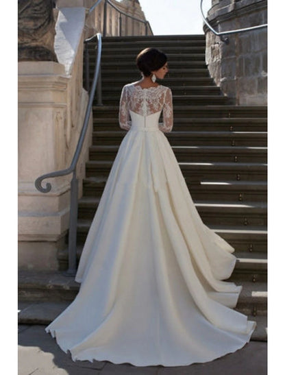 Engagement Formal Wedding Dresses A-Line V Neck Long Sleeve Court Train Satin Bridal Gowns With Appliques