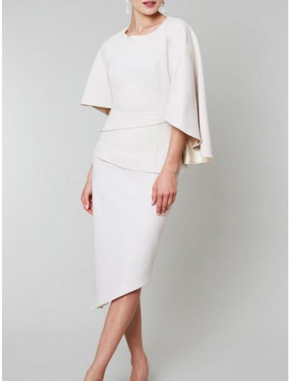 Sheath / Column Mother of the Bride Dress Elegant High Low Jewel Neck Asymmetrical Satin 3/4 Length Sleeve with Ruching
